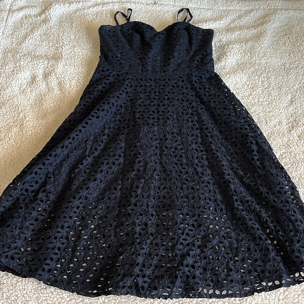 EUC Navy Eyelet Strapless Optional Midi Dress
